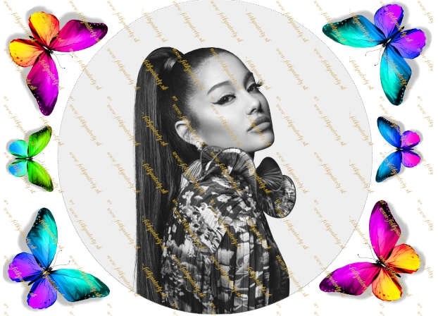 Novinka! Jedlý obrázok na tortu - Ariana Grande - kruh s dekoráciami - pestrofarebné motýle