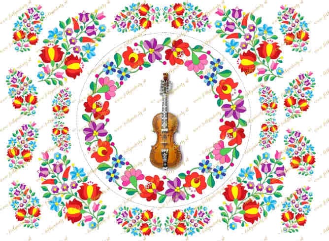 Farebný folklórny vzor s husličkami, priemer 15cm + dekorácie na vystrihnutie