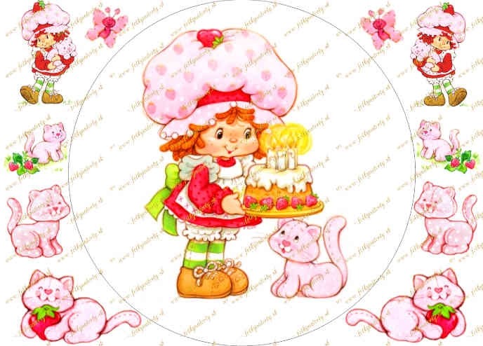 Jedlý obrázok Jahôdka Strawberry na tortu (kruh s dekoráciami na vystrihnutie)