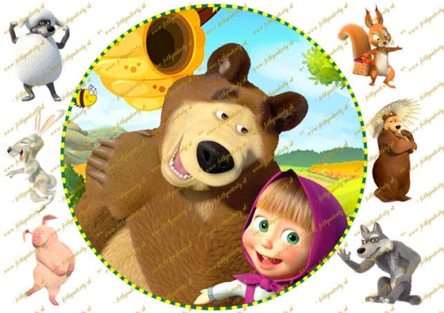 Máša a medveď okrúhly jedlý obrázok na tortu