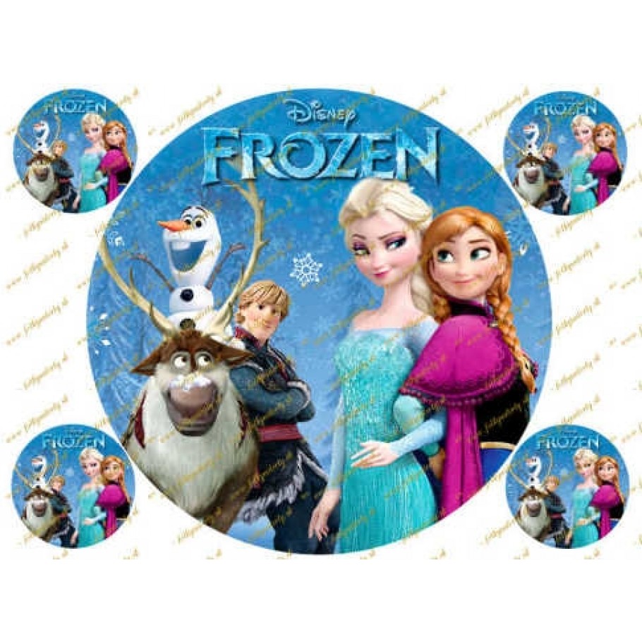 Okrúhly obrázok na torty - Ľadové kráľovstvo Frozen - Anna, Elsa, Olaf, Sven  s dekoráciami na cupcakes alebo iné dobroty