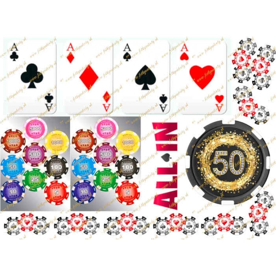 Jedlý obrázok na vystrihnutie - Poker, karty, žetóny a žetón s číslicou